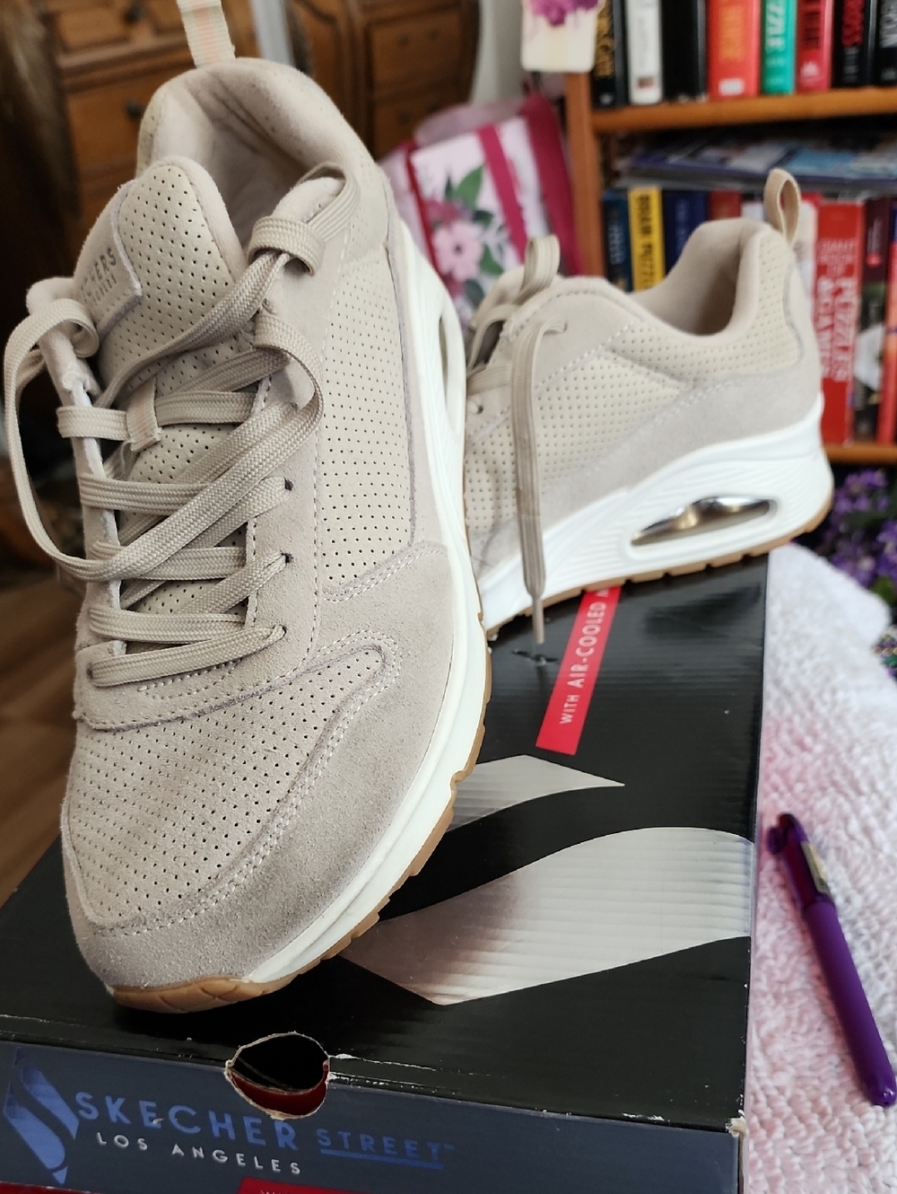 Skechers Taupe Perforated Suede & Mesh Air-Cushion Sneakers